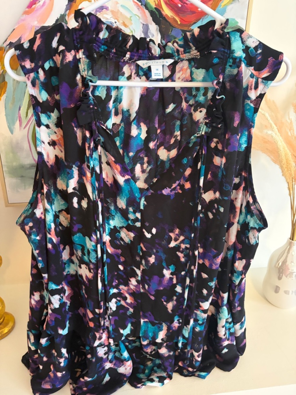 Source Unknown Black Multicolor Ruffle-Neck Sleeveless Camisole
